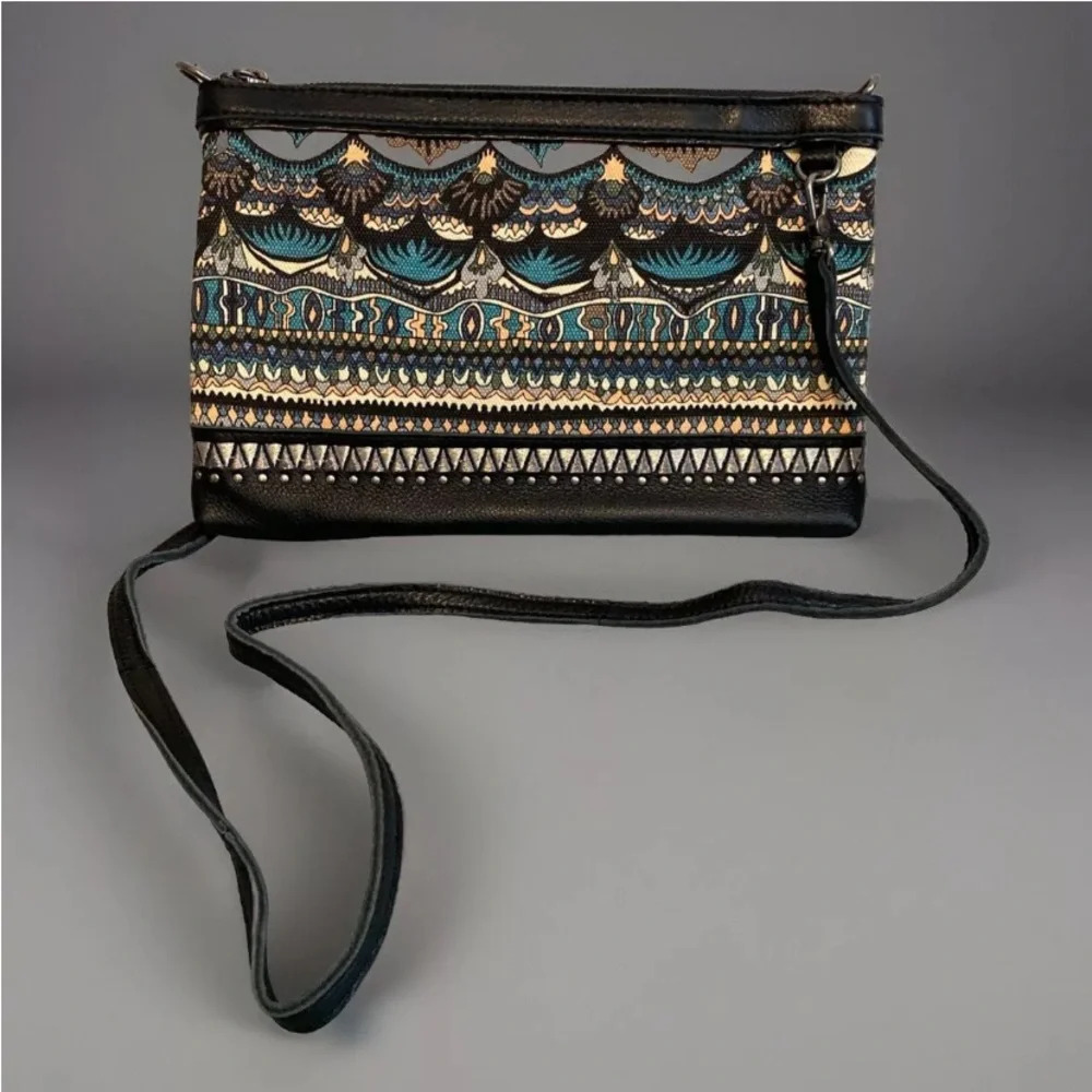 Sakroots Crossbody Leather Handbag Black Tapestry EXCELLENT Condition Zip Top